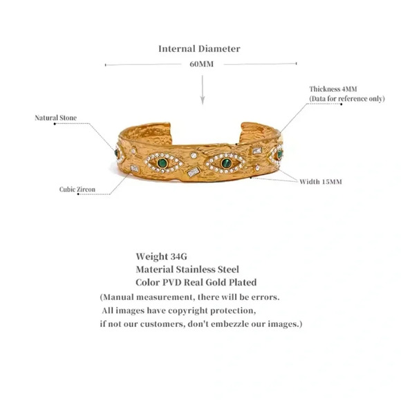 Baroque Malachite Stainless Steel Waterproof Eye Cuff Bracelet - Picture 12 of 15